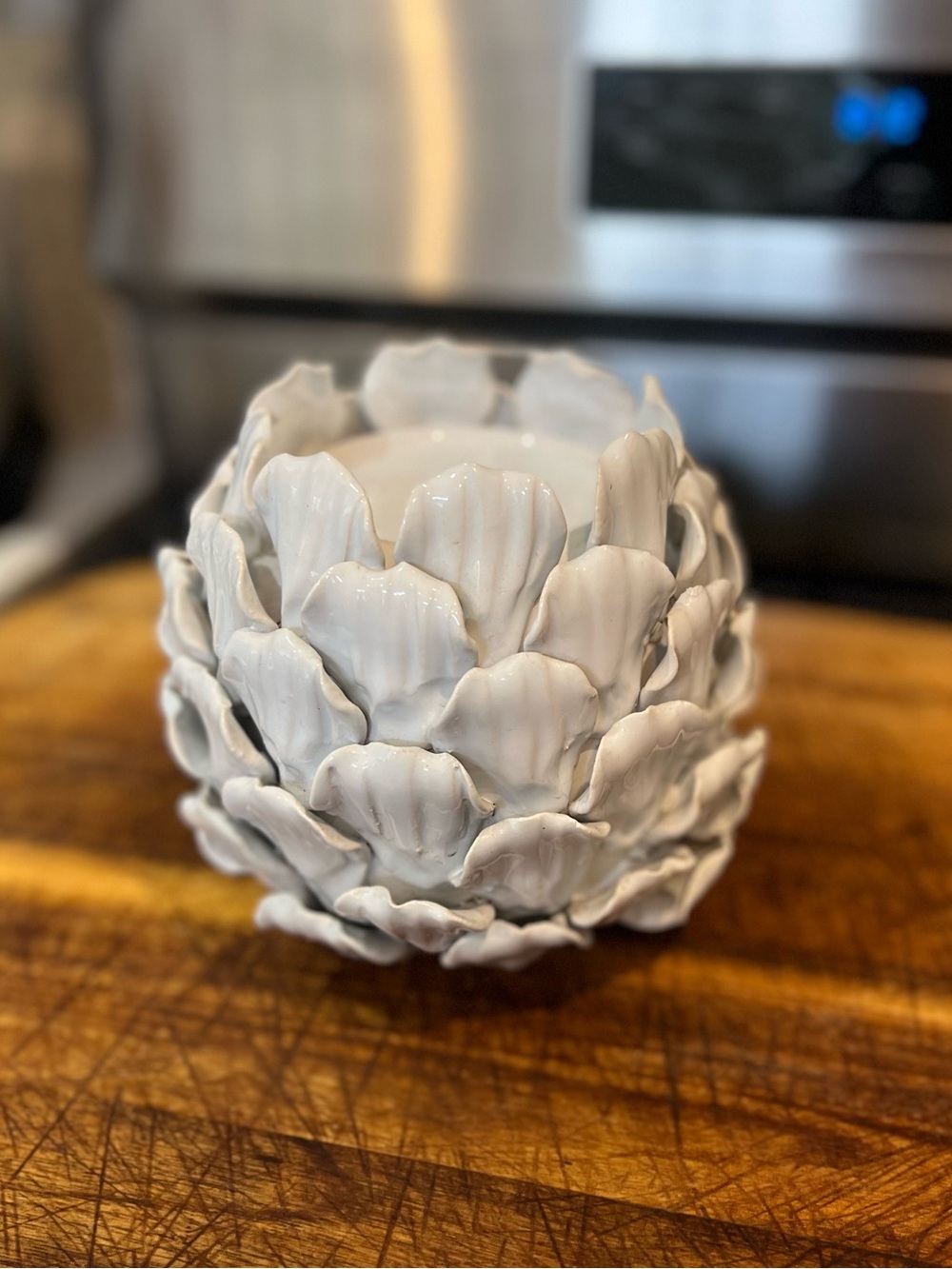 Chinoiserie White Ceramic Artichoke Candle Holder Centerpiece - 6"